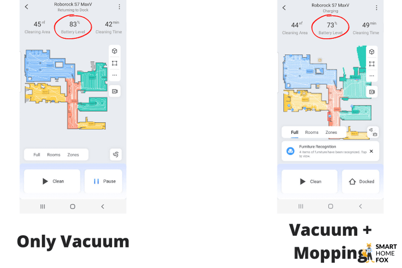 The battery consumption of the Roborock S7 MaxV Ultra is shown